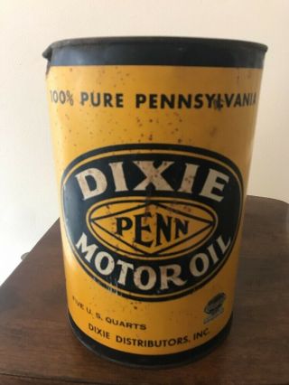 Rare 5 Quart Metal Dixie Penn Motor Oil Can Rare