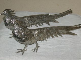 Vintage Silver Plated Pheasant - Cock & Hen Figurines Menu Card Holders 12 "