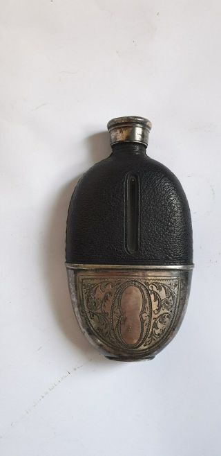 Antique Victorian Metal&leather Glas Whisky Flask Bottle