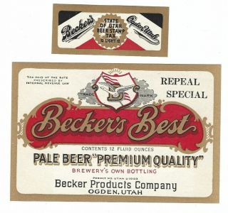Becker Products Beckers Best Repeal Special Beer Label W/neck Irtp U Ogden Ut