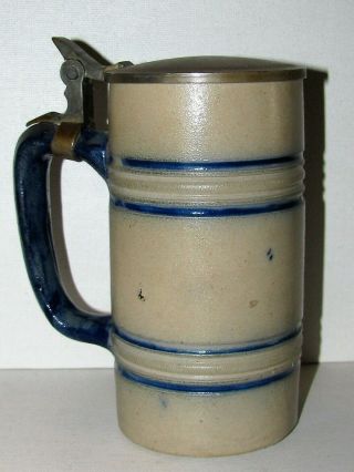 Early Cobalt Blue Band Salt Glazed Stoneware Beer Stein Pewter Lid 2