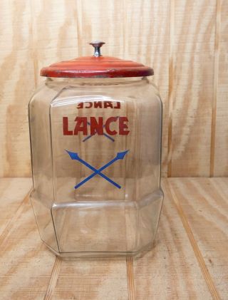 Vintage Large Lance Counter Top Jar With Metal Lid Embossed Lid And Glass 11x9