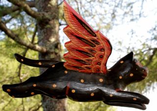 Winged Flying Black Cat Mobile Spiritchaser Balinese Carved Wood Bali Art 10 "