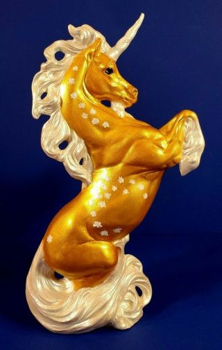 Hand Painted Ceramic Golden Rearing Unicorn Stallion - Signed By Artist