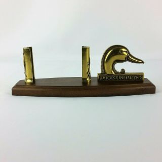 Ducks Unlimited Business Card Holder Brass And Wood Vintage Vtg Made In Taiwan