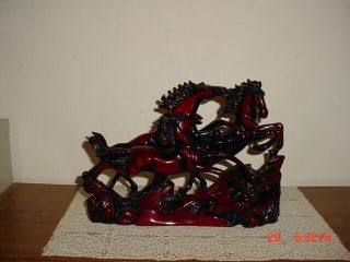 3 - Horses " Galloping " Large 12 1/2 " X 9 " Figurine/deep Red/gloss/heavy/free Ship