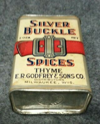 SILVER BUCKLE 2 Oz.  THYME Spice Tin E.  R.  GODFREY & SON ' S CO.  Milwaukee,  WI 6