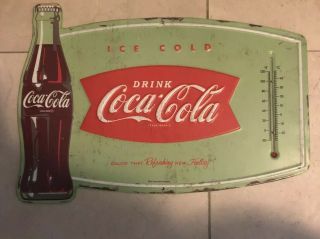 Coke Glass Bottle Coca - Cola Metal Fishtail Thermometer Sign 1960 Design