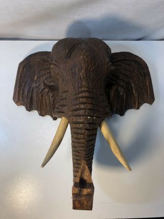 Vintage Large Elephant Bust Sculpture Hand Carved Wood Tusk African Folk Art 13”