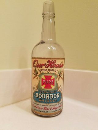 Antique " Old House " Straight Bourbon Whiskey Labeled Quart Bottle