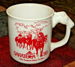 Vintage Very Rare 1989 Saratoga Horse Race Track Coffee Cup Mug Horsehead Handle