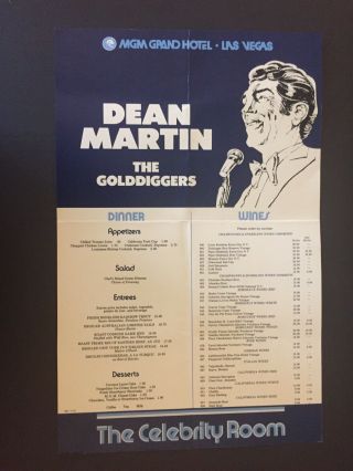 Las Vegas Mgm Grand Hotel Dean Martin The Golddiggers Dinner Menu 1975 Vintage