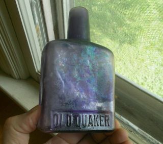 Old Quaker Amethyst Hand Blown 1890s Pre Pro 1/2 Pint Whiskey Bottle Peoria,  Il