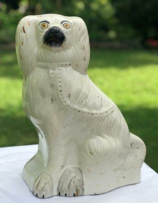 Antique 19thc Staffordshire White Spaniel Dog Large 14 " Seated Gilt Decoration