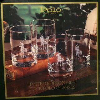 Limited Edition Ralph Lauren Polo Set Of 4 Old Fashion Glasses Cocktail Vintage