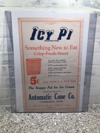 Antique Advertising 19 " Icy Pi 5 Cent Advertising Sign Automatic Cone Co.  Paper