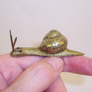 Vintage/antique Bronze/brass Miniature Snail Red Glass Eyes Victorian Novelty