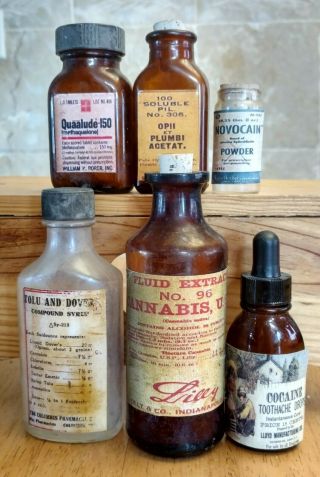 Old Medicine Bottle Hand Crafted,  Opi,  Quaalude,  Cannabis,  Cocaine,  Novocaine,  Tolu