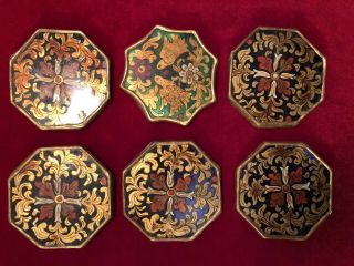 Set Of Six (6) Wood & Glass Hand Painted Coasters 3.  75” W