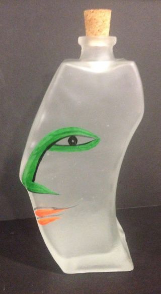 Vintage Opague Glass Face Painted Decanter 9 Inches Tall