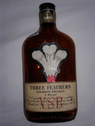 Three Feathers Whiskey 2 Paper Applique Labels Orig Metal Lid Vsr Bottle