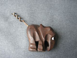 Vintage 50s Hand Carved Ebony Wood Elephant Glass Eyes Corkscrew Made In France