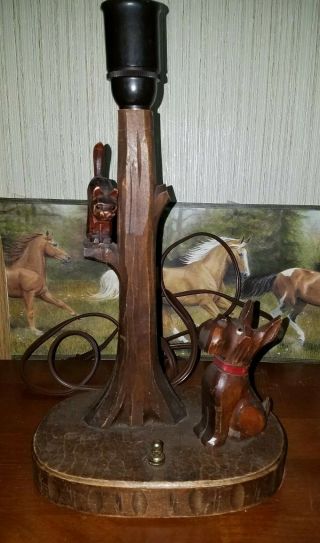 Unique Vintage Scotty Dog Carved Wood Lamp W/ Glass Eyes C1950s Craftsman