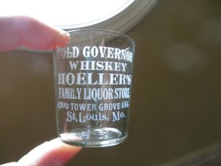Etched Pre Pro Shot Glass Old Governor Whiskey Hoellers Liquor Store St Louis Mo
