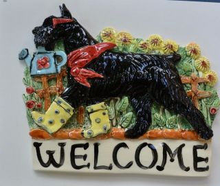 Giant Schnauzer.  Handsculpted Whimsical Ceramic Welcome Sign.  Ooak.  Look