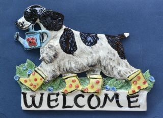 English Cocker Spaniel.  Handsculpted Whimsical Ceramic Welcome Sign.  Ooak.  Look
