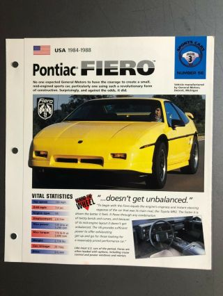 1984 - 1988 Pontiac Fiero Coupe Imp " Hot Cars " Spec Sheet Folder Brochure L@@k