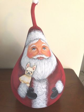 Hand Painted Santa With French Bulldog Frenchie Gourd Ornament / Ann