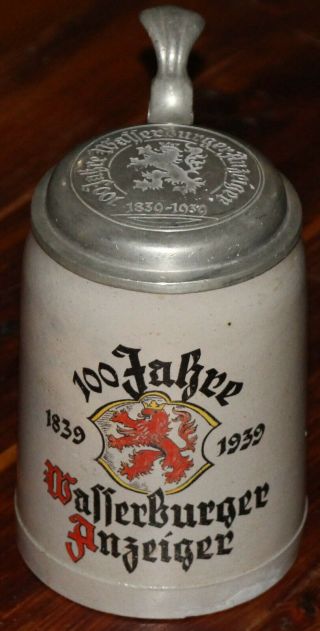 " 100 Yrs 1839 - 1939 Wasserburger Anzeiger " 1/2 Liter German Beer Stein