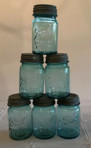 Six 6 Antique Blue Glass Ball Pint Perfect Mason Canning Fruit Jars W/zinc Lids