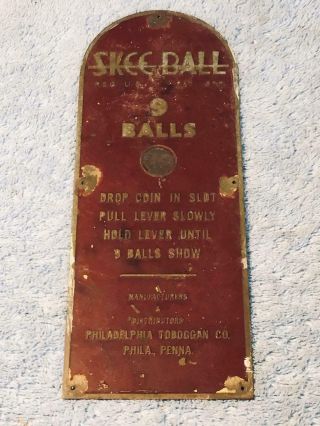 Vintage 1930s Skee - Ball Brass Instruction Plate,  Philadelphia Toboggan Co.
