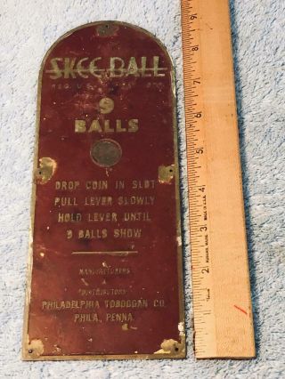 Vintage 1930s SKEE - BALL brass instruction plate,  Philadelphia Toboggan Co. 2