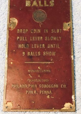Vintage 1930s SKEE - BALL brass instruction plate,  Philadelphia Toboggan Co. 5