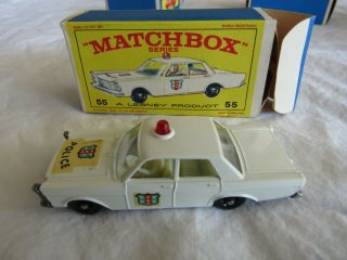 Matchbox Ford Police Car 55 White W/ Red Siren - E - 3 Box - Car: C - 8.  5 Box: P - 8
