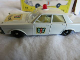MATCHBOX FORD POLICE CAR 55 WHITE w/ RED SIREN - E - 3 BOX - CAR: C - 8.  5 BOX: P - 8 6