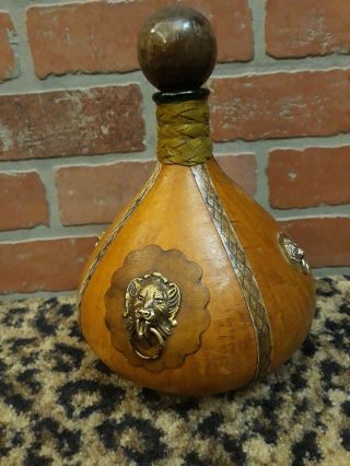 Vintage Leather Wrapped Covered Bottle Decanter Lions Head Made Italy Home Decor