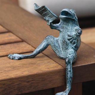 Reading Frog Whimsical Shelf Sitter Garden Decor Brass Figurine Sculpture 6  H.
