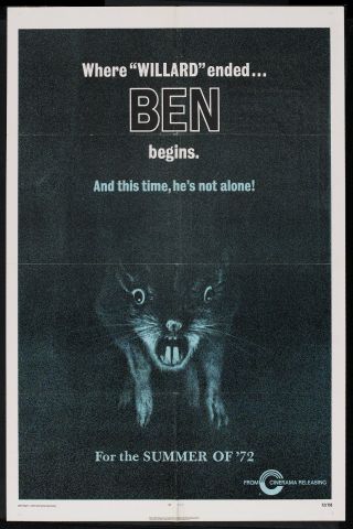 Ben/willard Orig Advance 1972 Horror One Sheet Movie Poster Rats/michael Jackson