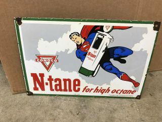 " Conoco N - Tane Gasoline " Superman Themed Heavy Porcelain Sign,  (dated 1946)