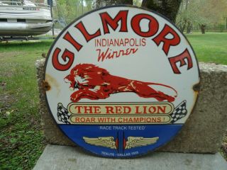 Old 1935 Gilmore Gasoline " The Red Lion " Porcelain Gas Service Station Pump Sign