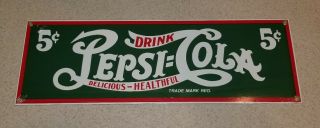 Ande Rooney Pepsi Cola Porcelain Sign Thick Heavy,  Brass Grommets 18 " X 6 " Nos