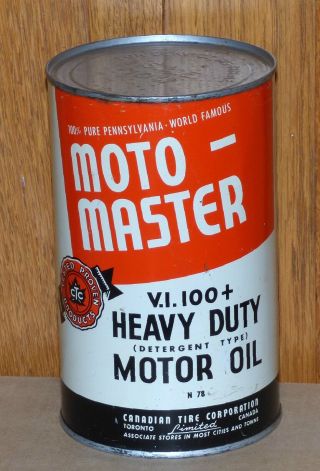 Rare Full Canadian Tire Moto - Master 1 Imp.  Quart Motor Oil Tin Can