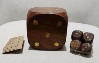 Wood & Brass Dice Storage Box W/ Set Of 5 Wood Dice Made In India Hinged Box