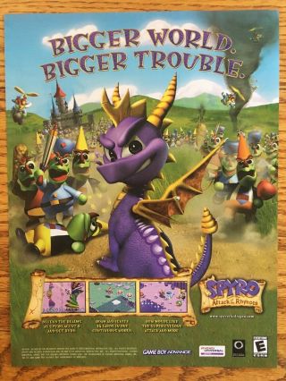Spyro: Attack Of The Rhynocs Gba Gameboy Advance 2003 Vintage Poster Ad Art Rare