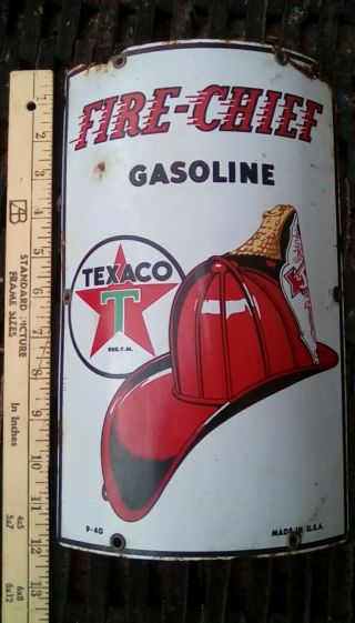 " Texaco Fire Chief Gasoline " 12x7 Curved Pump Plate,  Gas N Oil Advertising Sign
