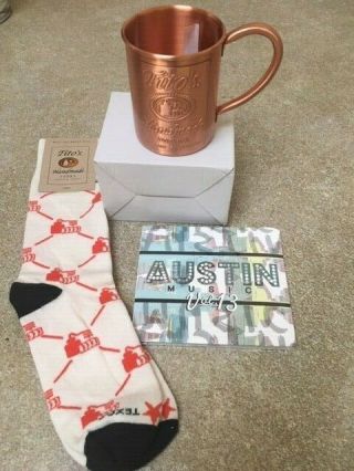 Tito ' s Handmade Vodka Copper Moscow Mule Mug Austin Texas with Socks and CD 3